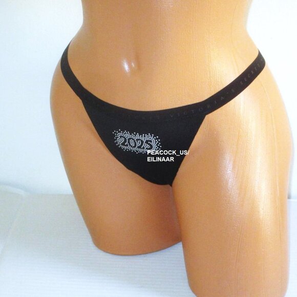 VICTORIA'S SECRET Cotton V-String Thong Panty S M L XL Glitter Graphic Black New - Picture 5 of 7